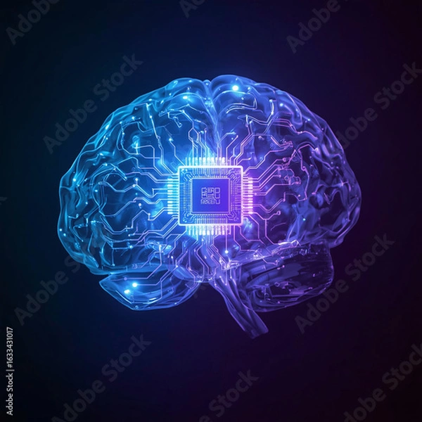 Fototapeta Abstract Futuristic Brain Circuitry:  Neon Blue and Purple Digital Neural Network, AI Concept.