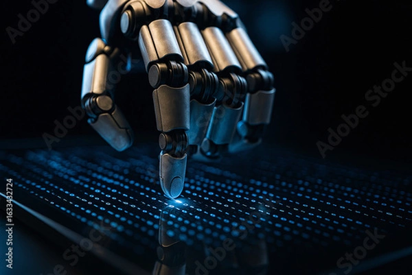 Fototapeta Robotic Hand Interacting with Binary Code: Futuristic Technology, Dark Blue Tone, Close-Up