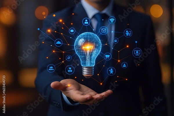 Fototapeta Businessman Presenting Innovative Networked Idea; Futuristic Lightbulb Concept; Digital Technology and Connectivity