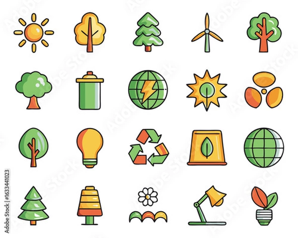 Fototapeta Collection of thin line nature icons featuring plants and natural elements isolated on transparent background