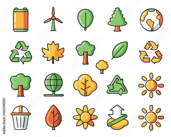 Fototapeta Collection of thin line icons representing natural elements and outdoor activities for digital and print use isolated on transparent background