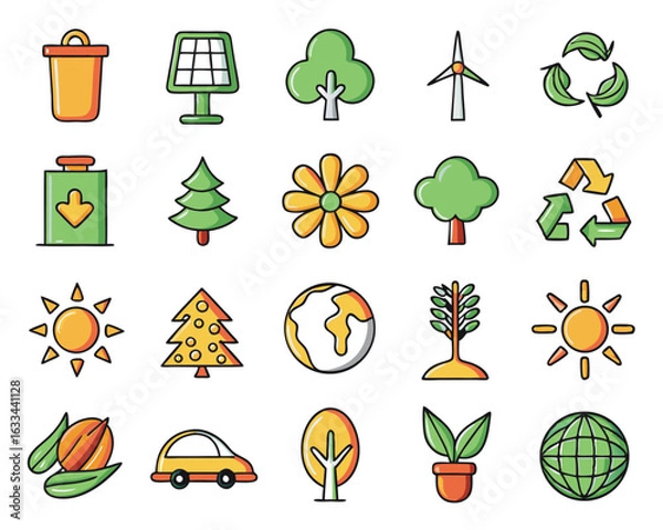 Fototapeta Collection of thin line nature icons featuring flora and fauna elements isolated on transparent background