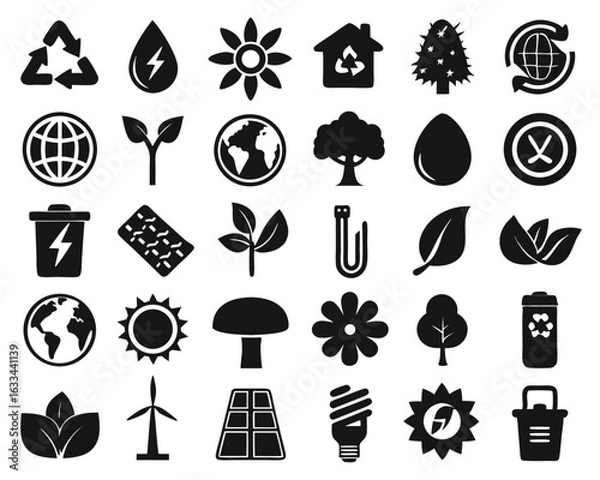 Fototapeta Collection of thin line nature themed icons representing flora fauna and environmental elements isolated on transparent background