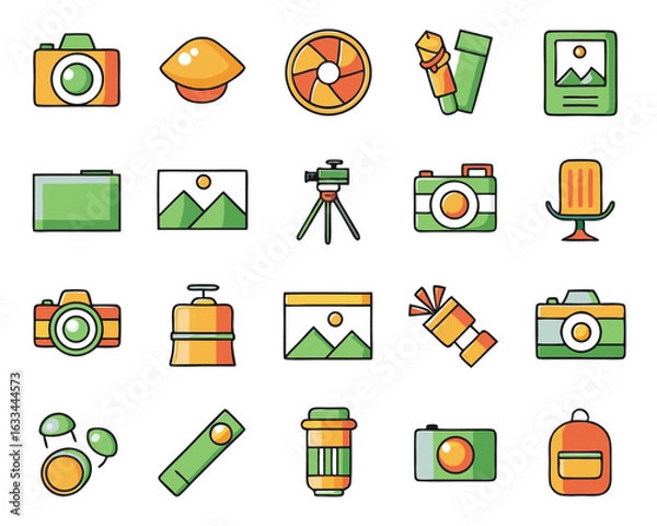 Fototapeta A collection of outline icons representing photographic equipment and visual capture elements isolated on transparent background