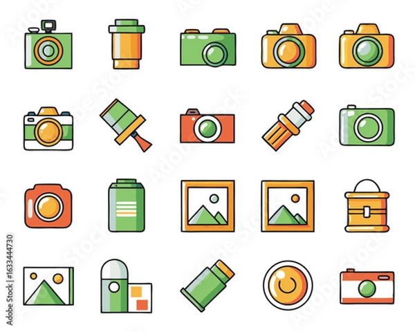 Fototapeta Collection of outline icons representing photography equipment and visual media elements isolated on transparent background