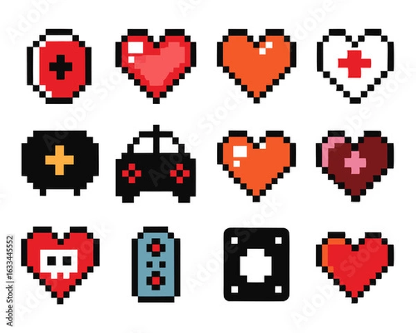 Fototapeta Retro pixel art game health bar with a classic heart icon for user interface design and gaming elements isolated on transparent background