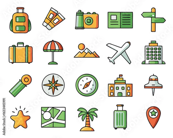 Fototapeta A vibrant pixel art collection featuring diverse travel symbols and colorful elements isolated on transparent background