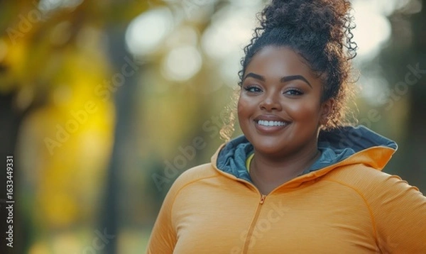 Fototapeta Happy, candid young Black African American plus-size female running and jogging outdoors in nature, reflecting  positivity and the joy of outdoor exercise, Generative AI