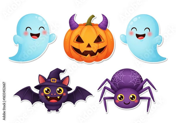 Fototapeta Cute halloween characters pumpkin ghost spider bat isolated on transparent background