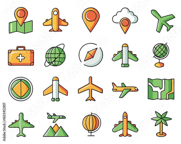 Fototapeta A stylized flat design icon featuring a prominent globe with a sleek airplane soaring around it presented isolated on transparent background