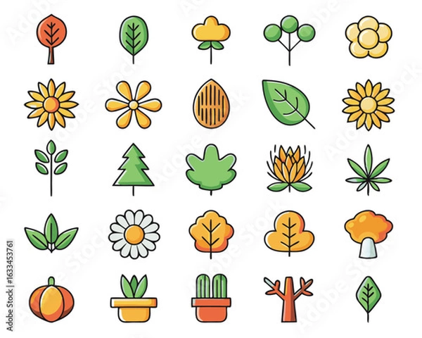 Fototapeta Collection of botanical line art symbols featuring various flora and greenery elements isolated on transparent background