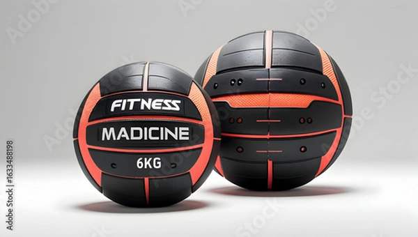 Fototapeta Sport Equipment Studio shot of two medicine balls 6kg and 0kg on white background with visible branding zones and textured surface (5)