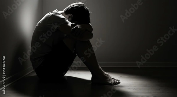 Obraz A grayscale image of a person sitting in a corner, head bowed in despair.