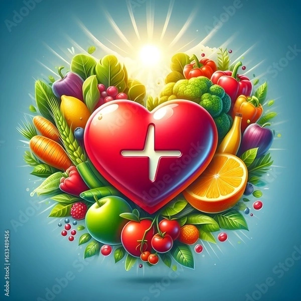 Fototapeta 3D Concept of Heart Health with Natural Fruits and ECG Line.