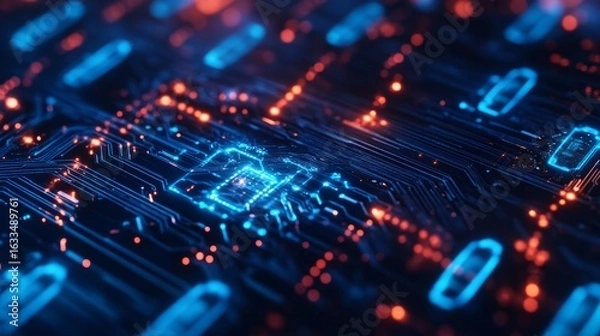 Fototapeta Cybersecurity service concept featuring a close-up motherboard with digital safety authentication network, ai regulation and data protection laws, secure login interface, and connected technology elem