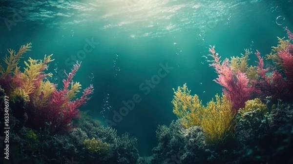 Fototapeta Underwater scene, vibrant sea plants. Sunlight streams through teal water, illuminating colorful seaweed