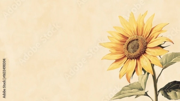 Fototapeta A detailed illustration of a sunflower, set against a pale beige background with a textured look.  
