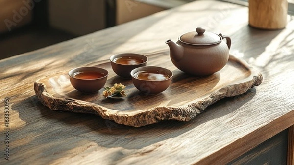 Fototapeta A wooden tray holds teacups and a teapot, bathed in sunlight