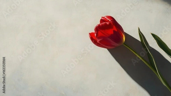 Fototapeta Single vibrant red tulip on light beige surface, casting a shadow