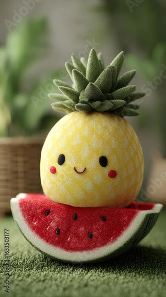 Obraz Cute plush fruit character, featuring smiling pineapple on top of watermelon slice. vibrant colors and soft textures create cheerful and playful atmosphere, perfect for decor or gifts