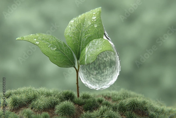 Fototapeta Close up view of green leaf with water droplets, symbolizing freshness and nature. background features soft, blurred green, enhancing serene atmosphere