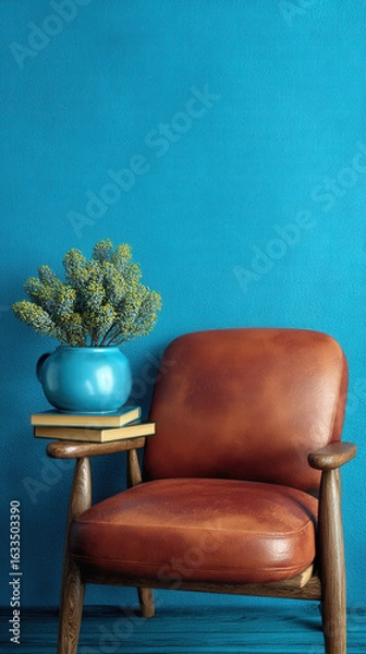 Fototapeta Cozy brown leather chair sits against vibrant blue wall, accompanied by blue vase filled with flowers and stacked books on side table, creating warm and inviting atmosphere