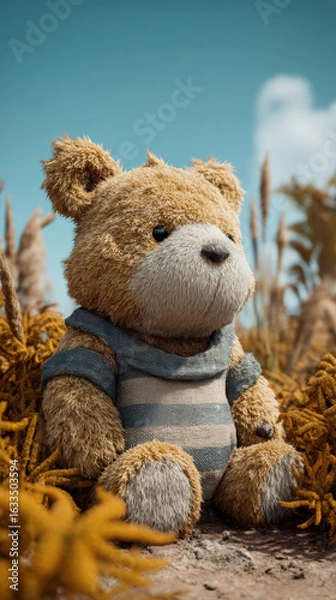 Fototapeta Cute teddy bear sits in field surrounded by tall grass and flowers, exuding sense of warmth and nostalgia. bear is dressed in striped shirt, adding to its charm and playful appearance