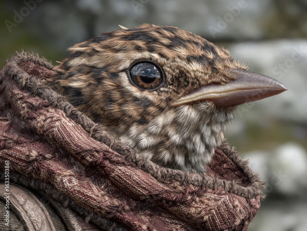 Obraz Detailed close up of bird with intricate feather patterns, wearing textured, rustic scarf. bird eye is expressive, showcasing blend of curiosity and wisdom, set against blurred natural background