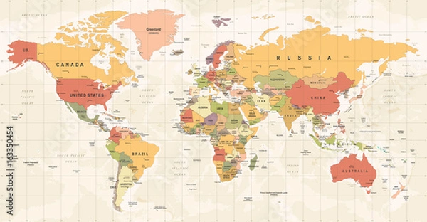 Obraz na wymiar Mapa świata Vintage wektor. Szczegółowa ilustracja mapy świata