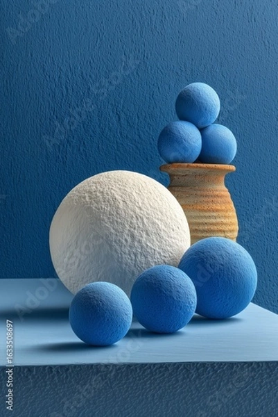Fototapeta Abstract still life featuring blue and white spheres arranged with an earthenware vase.