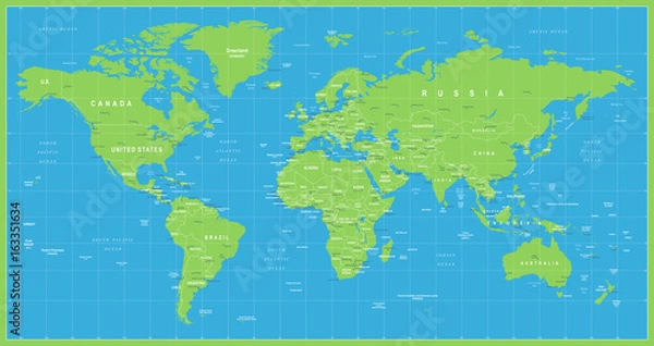 Fototapeta World Map Vector Blue Green. Detailed illustration of worldmap