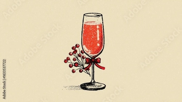 Obraz Festive Holiday Cocktail Illustration: Red Drink in Elegant Glass with Holly Berries and Bow