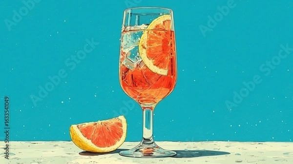 Obraz Refreshing Grapefruit Cocktail in Glass, Summer Drink,  Teal Background,  Vibrant Citrus Illustration