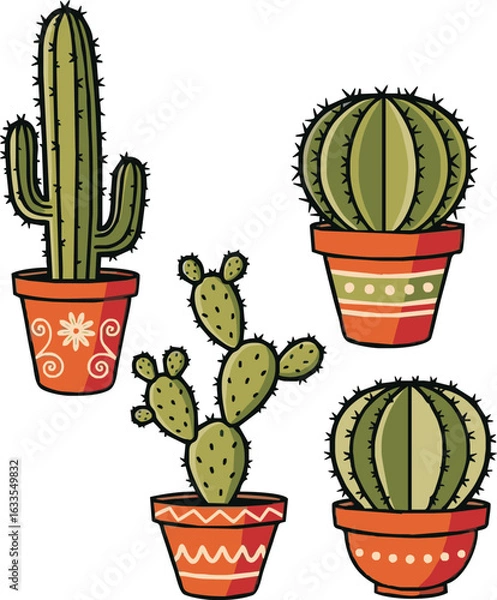 Fototapeta Four different cartoon-style cacti, each potted in decorative terracotta-colored containers, isolated on white.