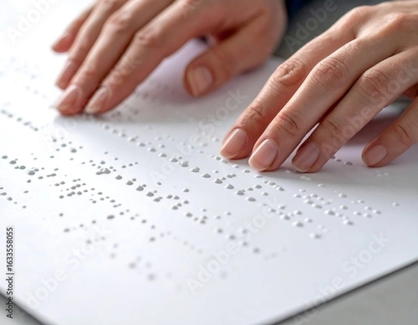 Fototapeta Hands Reading Braille on White Paper