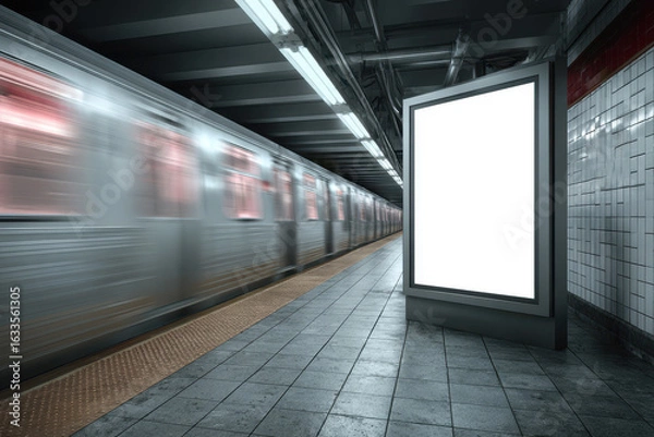 Fototapeta Empty advertisement display in NYC subway station as a train passes by on a busy day, highlighting the urban environment and transit atmosphere