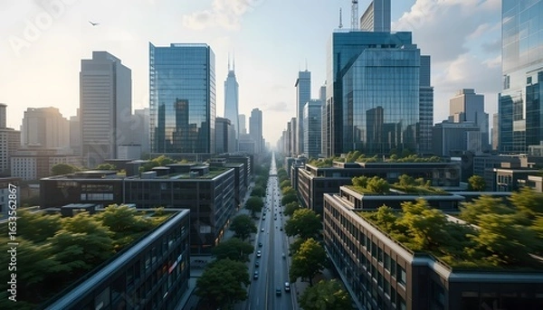 Obraz Aerial View of Modern Business District with Office Buildings and Rooftop Gardens