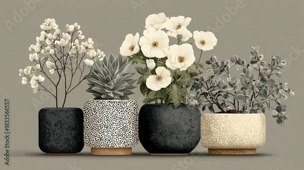 Obraz Stylish Monochrome Botanical Print:  Elegant Potted Plants in Modern Vases, Neutral Color Palette, Home Decor Art