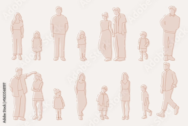 Fototapeta flat minimal people male and female vector illustration in spring summer clothing concept isolated set collection. Outline with silhouette shadow. For architecture, design, info graphic, media