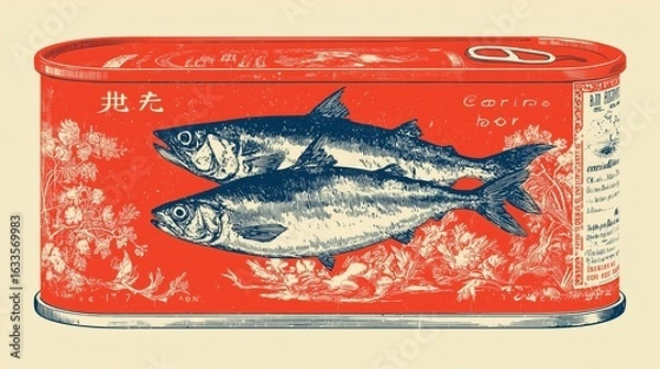Obraz Vintage Canned Fish Illustration: Retro Seafood Design, Red and Blue, Two Fish, Botanical Elements, Tin Can Label