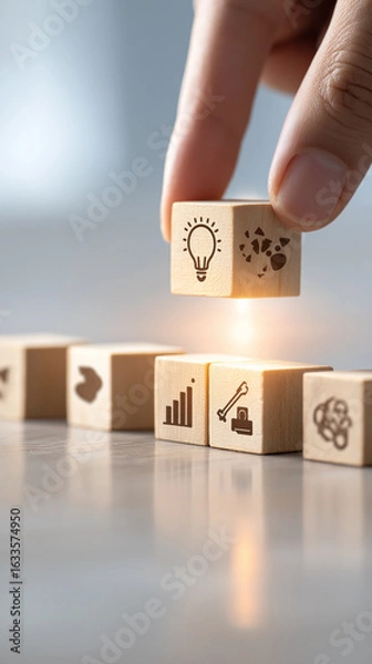 Fototapeta Hand placing wooden block with lightbulb icon above other blocks icons row