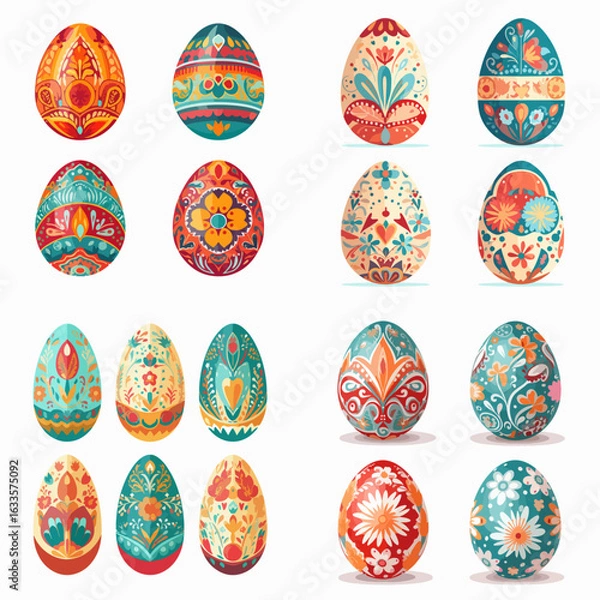 Fototapeta Set of twelve stylized, painted eggs, exhibiting various floral and geometric patterns in a vibrant color scheme. The eggs are designed with a polished look, perfect for a celebration.