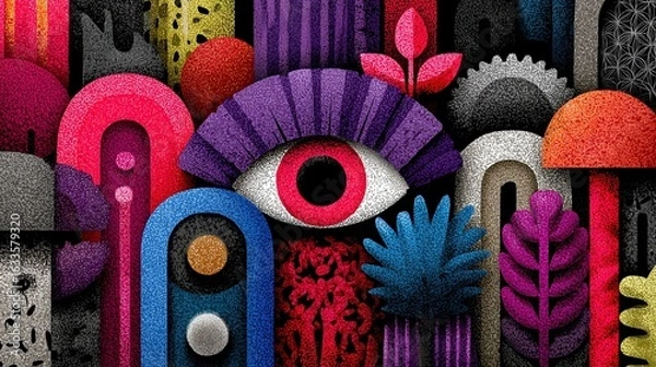 Obraz Vibrant Abstract Nature Scene with Central Eye, Colorful Botanical Elements, and Textured Design