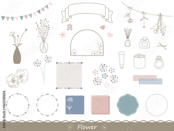 Obraz 大人可愛いくすみカラーのナチュラルな花のフレーム素材イラストセット