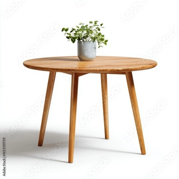 Fototapeta A stylish wooden table adorned with a potted plant, offering a touch of natural elegance