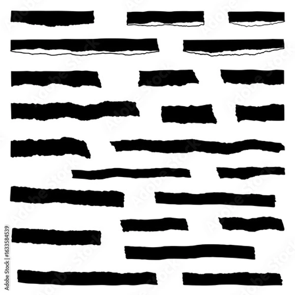 Fototapeta Torn Paper Fragments: A collection of ripped black paper strips and fragments, each bearing a unique texture. This image could represent destruction and deconstruction.