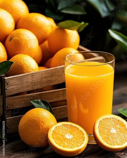 Fototapeta Fresh orange juice with ripe oranges displayed.