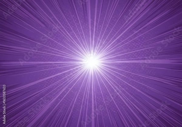 Fototapeta Comic book halftone dots, dynamic motion effects for manga action wallpaper, Purple anime explosion background with radial speed lines bursting from bright white center, superhero fights or energy bla