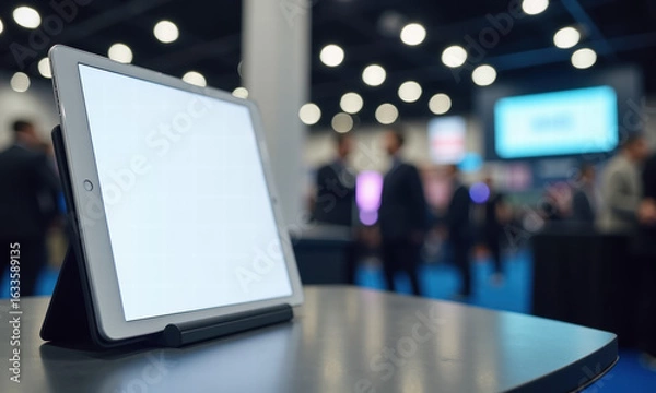 Fototapeta Blank Tablet on Desk at Trade Show with Blurred Attendees