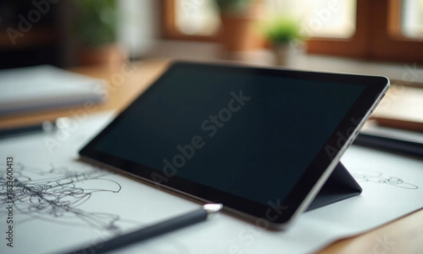 Fototapeta Tablet and sketchpad on desk creative workspace concept
